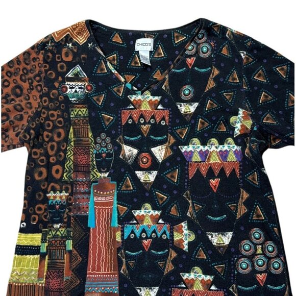 Chicos Size XL Multicolor Tribal Print 3/4 Sleeve Top - Picture 2 of 5